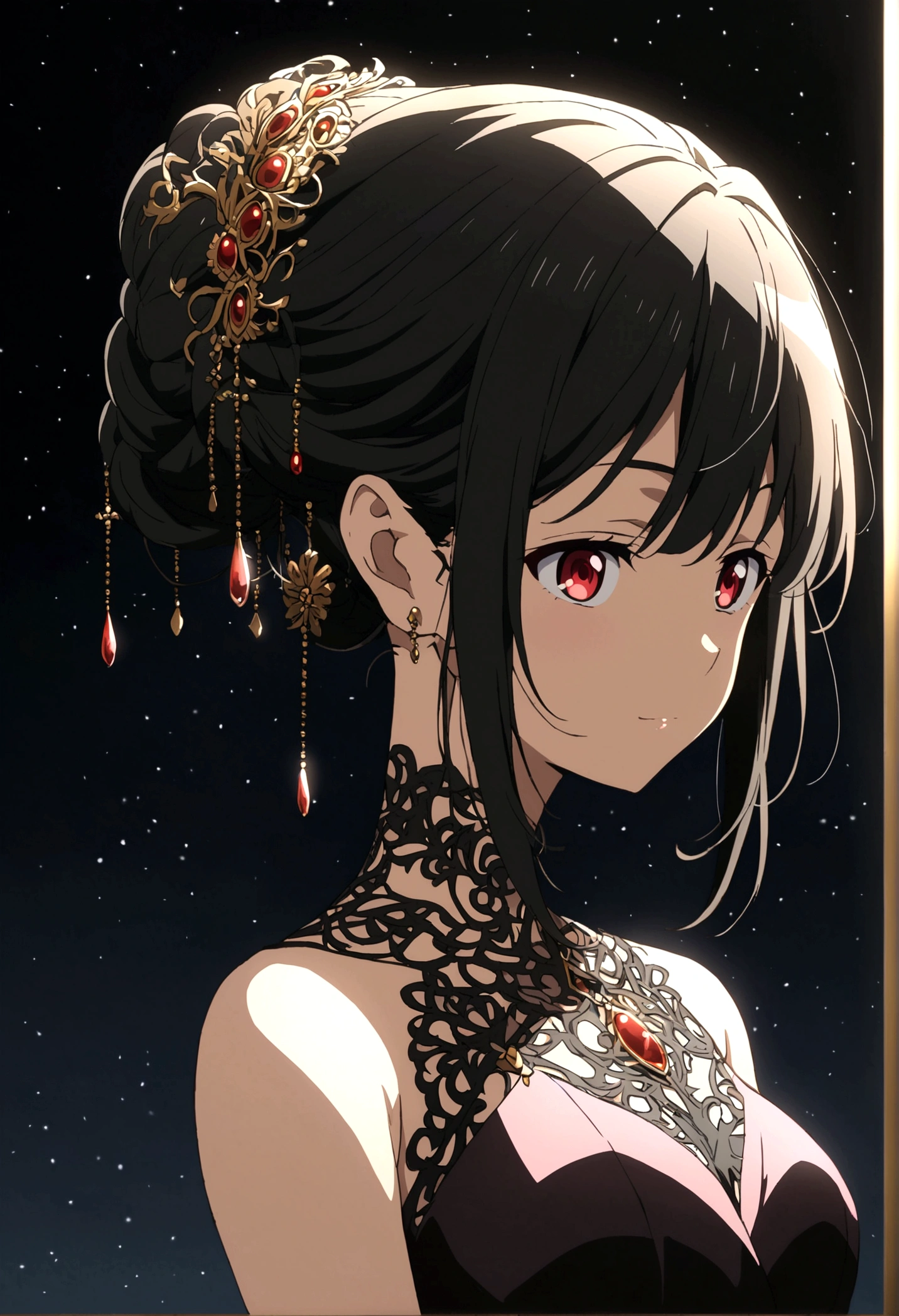 Girl with red eyes black hair anime