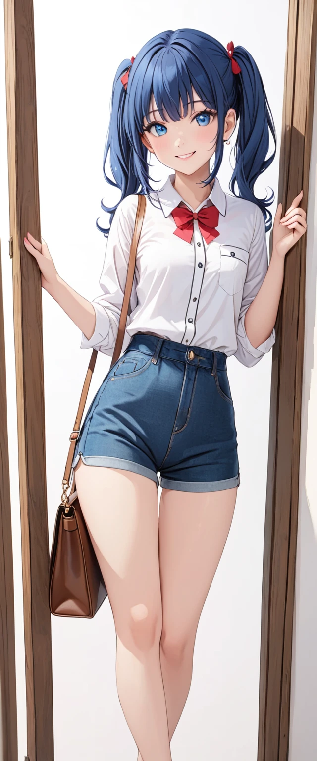 whole body, (female): 1girl, (solo), (perfect face), (detailed outfit), (), beautiful female, smile (happy), blue hair, long hair, twintails hair, blue eyes, (white shirt, denim short pants), (white background), (masterpiece:1.4), (best quality), (highres) (sharp focus),