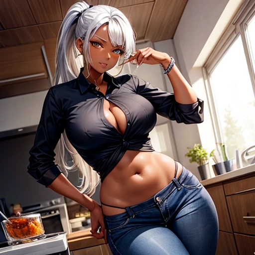 A dark-skinned woman with silver hair in a ponytail is making spicy curry., Wearing a black dress shirt and slim jeans, Showing your belly button stall