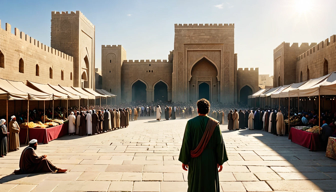 Setting: The bustling ancient city of Nineveh under a clear sky, with towering walls, market stalls, and people going about their day.
Subject: Jonah standing in the city square, addressing a crowd of Ninevites who are attentively listening to him. The people show signs of remorse and contemplation, with some already beginning to change their ways. Jonah’s expression is earnest and commanding, reflecting his commitment to God’s message.
Atmosphere: Hopeful and transformative, with warm, natural light bathing the city and highlighting the people’s receptive attitude, symbolizing redemption and the positive impact of Jonah’s obedience.