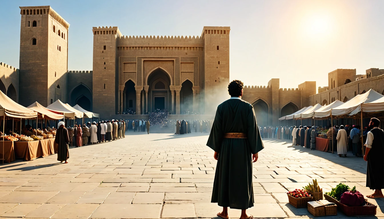 Setting: The bustling ancient city of Nineveh under a clear sky, with towering walls, market stalls, and people going about their day.
Subject: Jonah standing in the city square, addressing a crowd of Ninevites who are attentively listening to him. The people show signs of remorse and contemplation, with some already beginning to change their ways. Jonah’s expression is earnest and commanding, reflecting his commitment to God’s message.
Atmosphere: Hopeful and transformative, with warm, natural light bathing the city and highlighting the people’s receptive attitude, symbolizing redemption and the positive impact of Jonah’s obedience.
