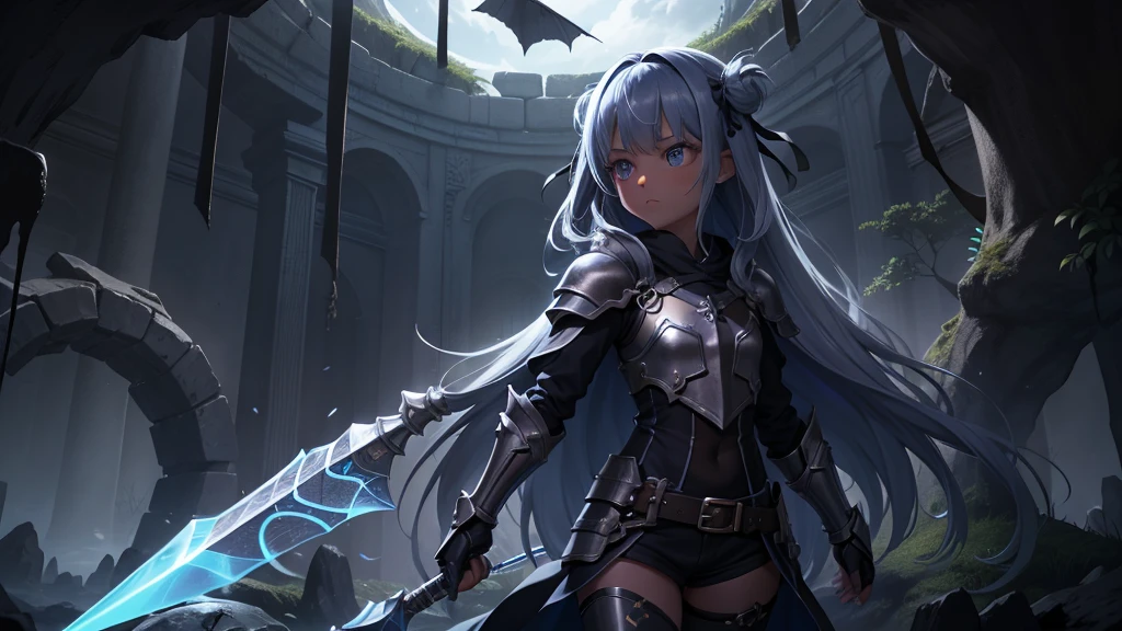 最high quality、high quality、Simple Cloth Armor、１０Year-old girl adventurer、Pitch-dark underground labyrinth、No light、Being engulfed in a translucent, jelly-like substance、Shorts、Equipped with a dagger and a shield