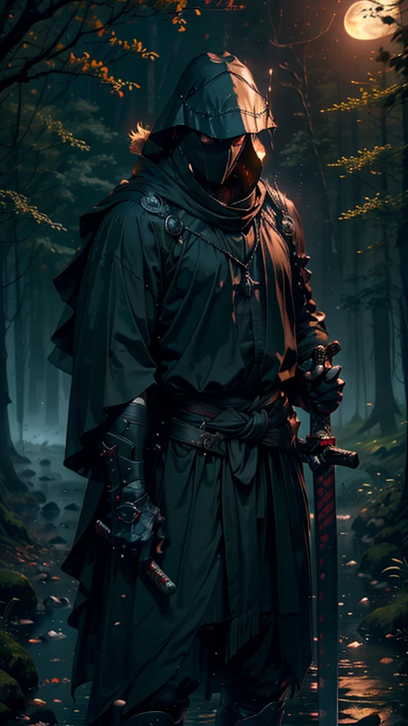 (Best Quality,ultra detailed),dark,wet,artificial raindrops falling,ancient medieval warrior standing in the rain, detailed face(fail),dense forest landscape,majestic and serene nature, shining brightly in the night sky,black medieval outfit with fluorescent red stripes that glow in the moonlight,samurai sword sharpened and drawn(katana),