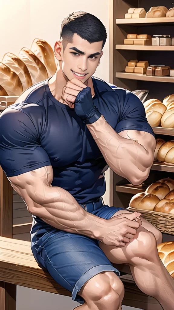 (NSFW: 1.5), (handsome Man sitting on table eating bread ),(crew cut short hair:1.8),black eye,(Wear a fitted round neck t-shirt in navy with a police badge.:1.5),(fit neck),Navy blue jeans,(black_gloves:1.2), Korean guy,chest muscles,large arm muscles,blood vessel,Big muscles,Broad shoulders, (open mouth:1.2),(face up:1.2),(open eyes:1.5), middle of the road,smile, In the bread shop,
