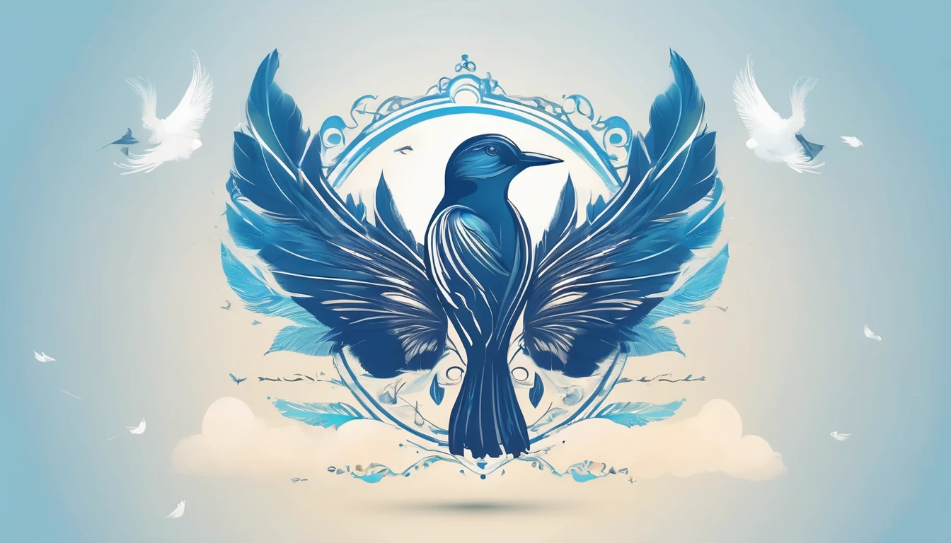 Create a minimalistic, simple, fantastic, easy to understand, logo design of a boy and a feather for an upcoming Brand called " Penamemoria". Create the logo in the center. A fantasy theme with birds and feathers as background, blue sky, white clouds. Use the colours light blue, white, golden in the logo. The logo design must convey a sense of storytelling, memories, dreams and music. Must convey a feeling of being a true Dreamer.