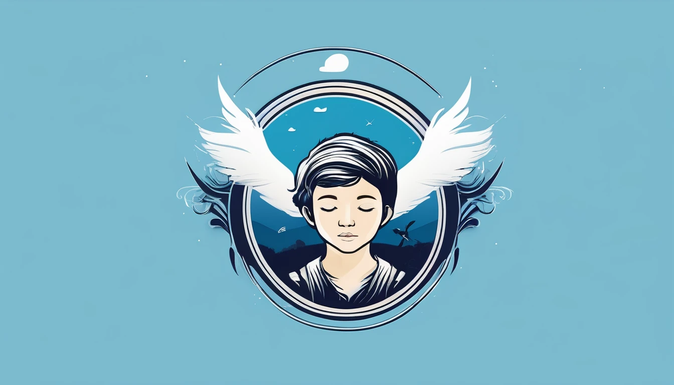 Create a minimalistic, simple, fantastic, easy to understand, logo design of a boy and a feather for an upcoming Brand called " Penamemoria". Create the logo in the center. A fantasy theme with birds and feathers as background, blue sky, white clouds. Use the colours light blue, white, golden in the logo. The logo design must convey a sense of storytelling, memories, dreams and music. Must convey a feeling of being a true Dreamer.