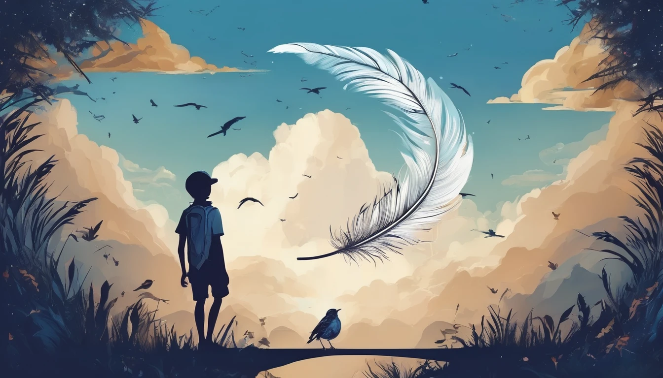 
Create a minimalistic, simple, fantastic, easy to understand, logo design of a boy and a feather for an upcoming Brand called " Penamemoria". Create the logo in the center. A fantasy theme with birds and feathers as background, blue sky, white clouds. Use the colours light blue, white, golden in the logo. The logo design must convey a sense of storytelling, memories, dreams and music. Must convey a feeling of being a true Dreamer.