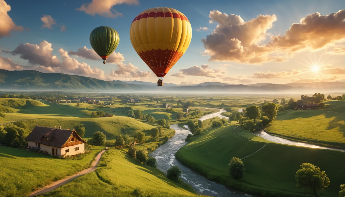 a couple in a hot air balloon, stunning landscape below, dramatic clouds, golden hour lighting, intricate details, cinematic composition, photorealistic, (best quality,4k,8k,highres,masterpiece:1.2),ultra-detailed,(realistic,photorealistic,photo-realistic:1.37),cinematic lighting,beautiful vibrant colors,elegant hot air balloon,serene sky,rolling hills,lush green meadows,winding river,picturesque village