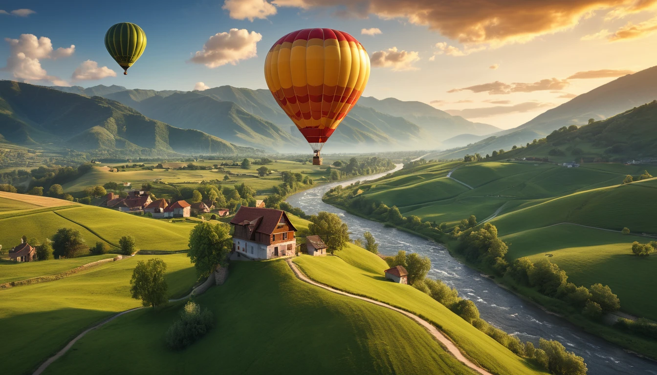 a couple in a hot air balloon, stunning landscape below, dramatic clouds, golden hour lighting, intricate details, cinematic composition, photorealistic, (best quality,4k,8k,highres,masterpiece:1.2),ultra-detailed,(realistic,photorealistic,photo-realistic:1.37),cinematic lighting,beautiful vibrant colors,elegant hot air balloon,serene sky,rolling hills,lush green meadows,winding river,picturesque village