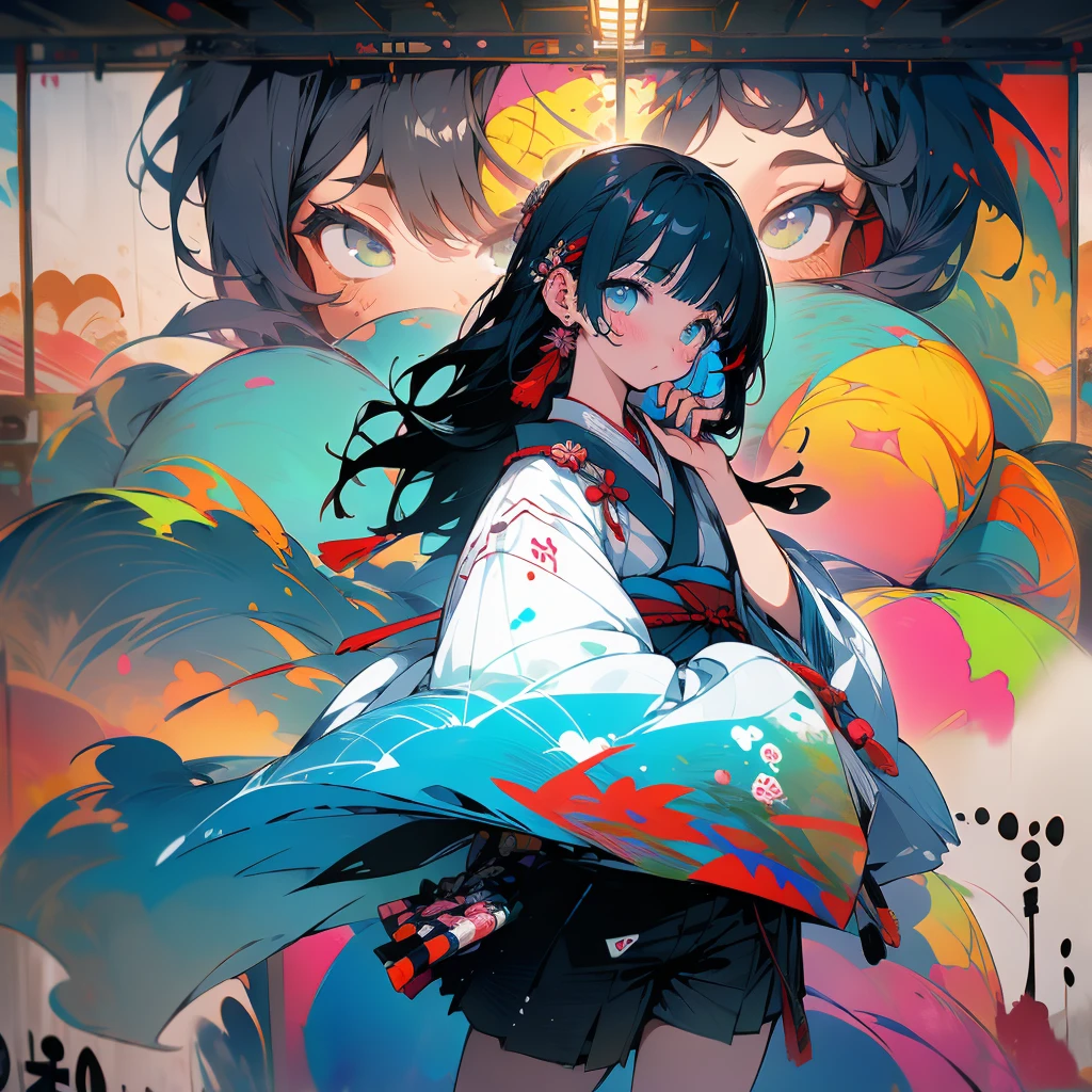 masterpiece, Highest quality, One girl, alone, Japanese clothing, Shorts,  (Japanese style graffiti:1.5), Against the wall, View your viewers, flower、Thighs、Black Hair、Landscape painting、fashion、