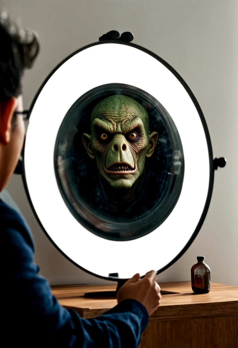 One person watching himself in a mirror, mimic monster image in mirror reflection