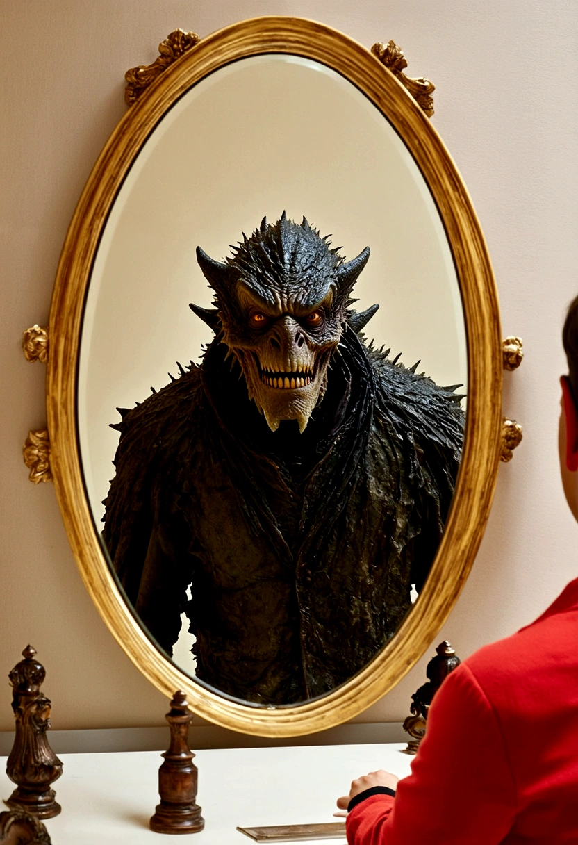 One person watching himself in a mirror, mimic monster image in mirror reflection