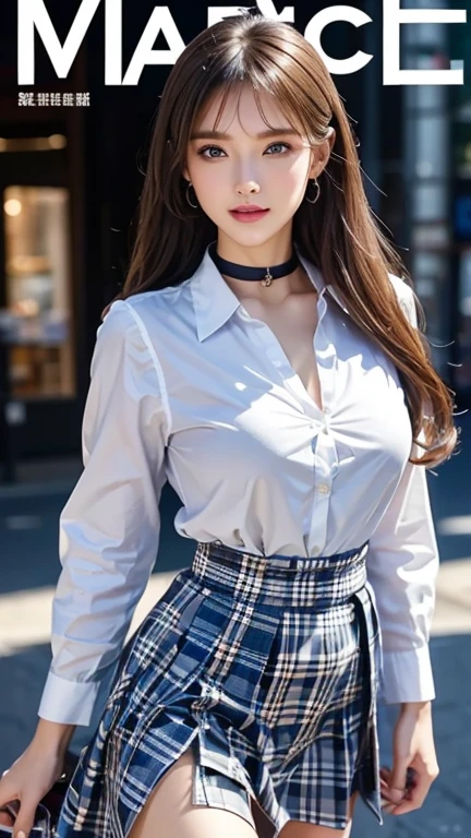 masterpiece, Highest quality, whole body, One girl, bangs, black choker, black tie, (Blonde:1.2), blue skirt, blush, bracelet, chest, choker, clothes The surrounding area waist, clavicle, collared shirt, Cowboy Shot, dress shirt, ear Earrings, Eyebrows visible through hair, Gradient Hair, Grin, Improve, jewelry, Kogal, Long Hair, View your viewers, loose tie, tie, Earrings, Plaid, Plaid skirt, pleated skirt, (blue eyes:1.2), ring, , shirt, skirt, smile, alone, white shirt, street, null, cherry blossoms, petal,figure, (magazine:1.3), (Cover-style:1.3), woman, Vibrant, Costume, Pause, front, colorful, dynamic, background, element, have confidence, Performance, Holding, statement, accessories, Majestic, Coiled, The surrounding area, touch, scene, bold, to attract attention, title, stylish, big, impressive, Modern, trend, concentrated, fashion