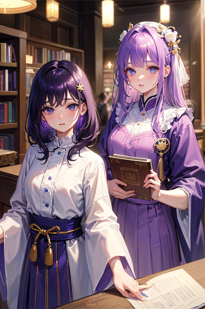8K, Highest quality, masterpiece, Ultra-detailed、hair ornament、Purple Hair、Medium hair hair ornament、full lips、Blue Eyes、18Year-old beauty、Portrait、Library、、Japanese 、library、high school girl、Random facial expressions、