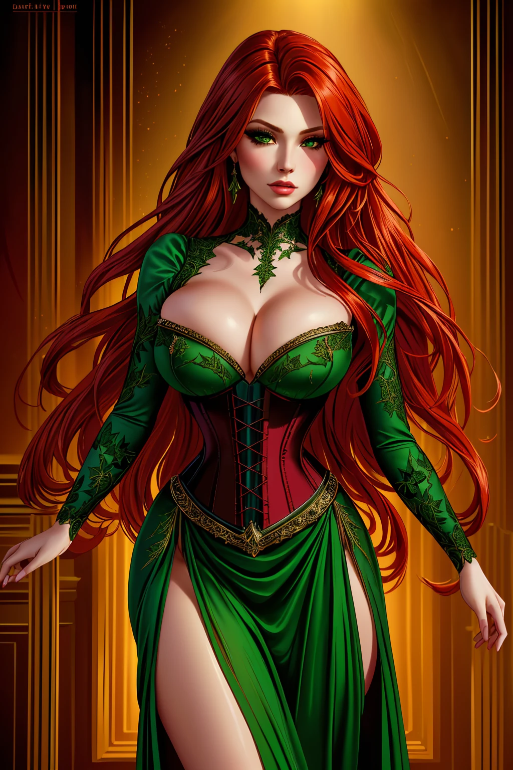 a woman with long crimson hair, wearing a long green dress with a leg slit, intricate corset, beautiful detailed eyes, beautiful detailed lips, extremely detailed face, longeyelashes, elegant pose, graceful movement, breathtaking, detailed and realistic, oil painting, dramatic lighting, warm color palette, cinematic composition, masterpiece, 8k, high quality, poison ivy