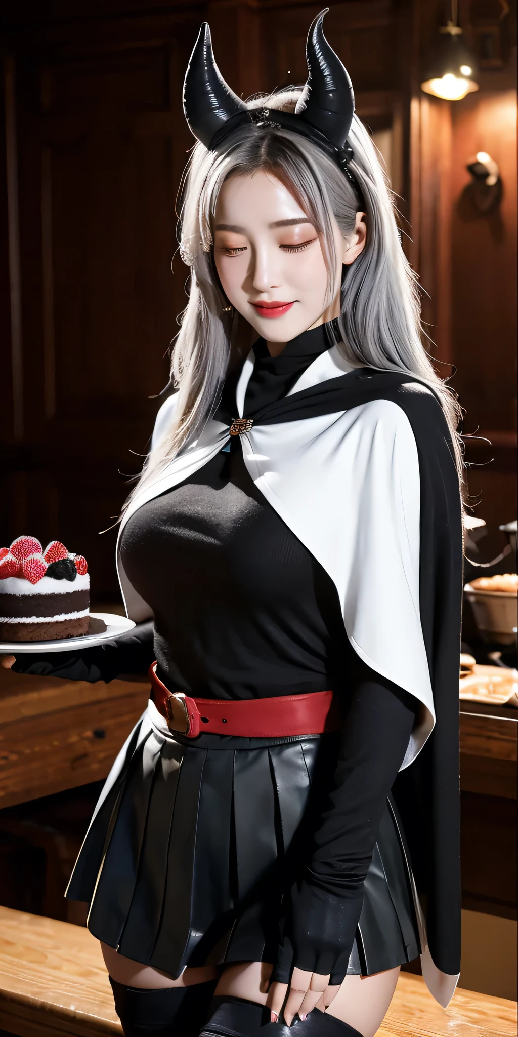 masterpiece, best quality,, GBFthalatha, black gloves, black thighhighs, cape, draph, grey hair, horns, large breasts, long hair, pointy ears, miniskirt, red skirt,, indoor, cake, happy, closed eyes