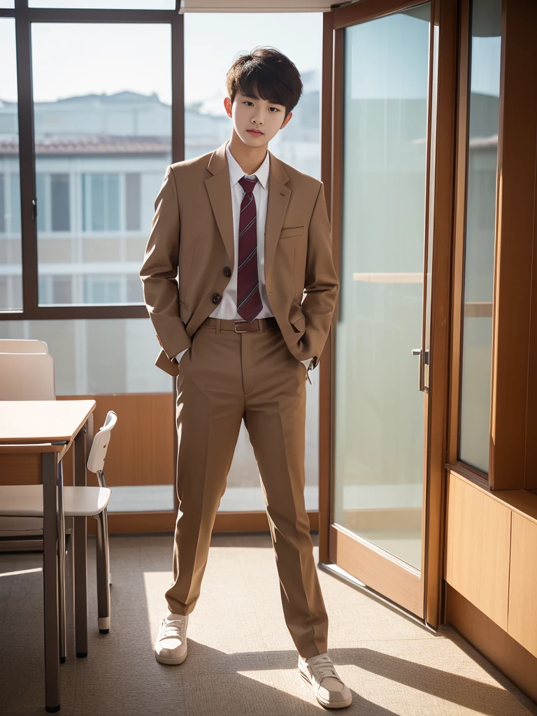 A full body shot of Korean teenage guy student, sharp eyes, cropped hair,wears light brown student suit made from glass material that can be seen through his body, light brown transparent underwear walking on Korean classroom
