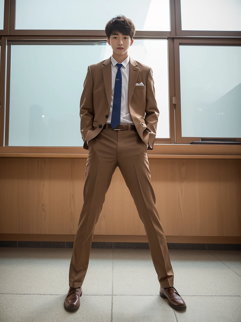 A full body shot of Korean teenage guy student, sharp eyes, cropped hair,wears light brown student suit made from  glass material that can be seen through his body, light brown transparent underwear walking on Korean classroom 