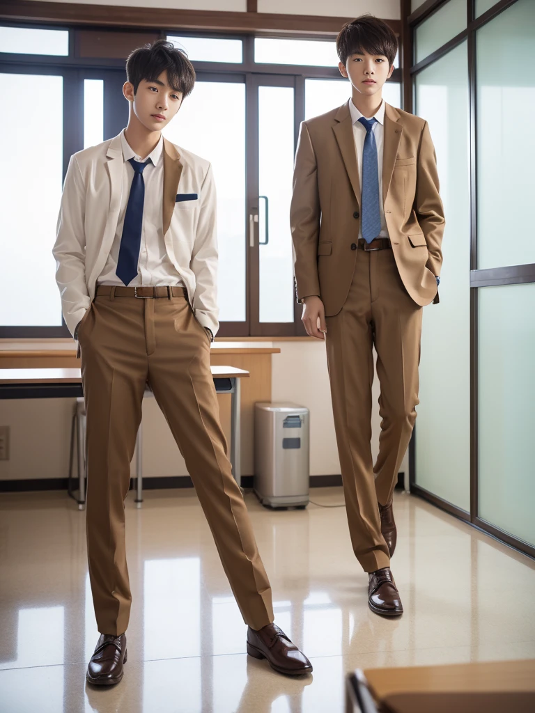 A full body shot of Korean age guy student, sharp eyes, cropped hair,wears light brown student suit made from glass material that can be seen through his body, light brown transparent underwear walking on Korean classroom