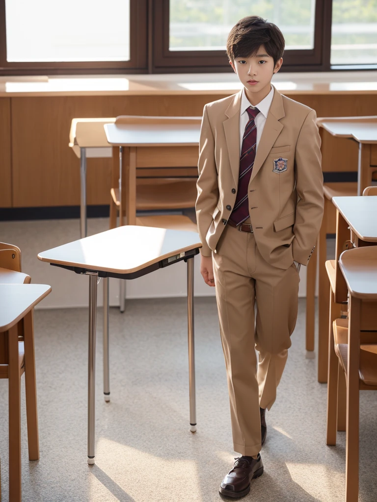 A full body shot of Korean teenage guy student, sharp eyes, cropped hair,wears light brown student suit made from  glass material that can be seen through his body, light brown transparent underwear walking on Korean classroom 