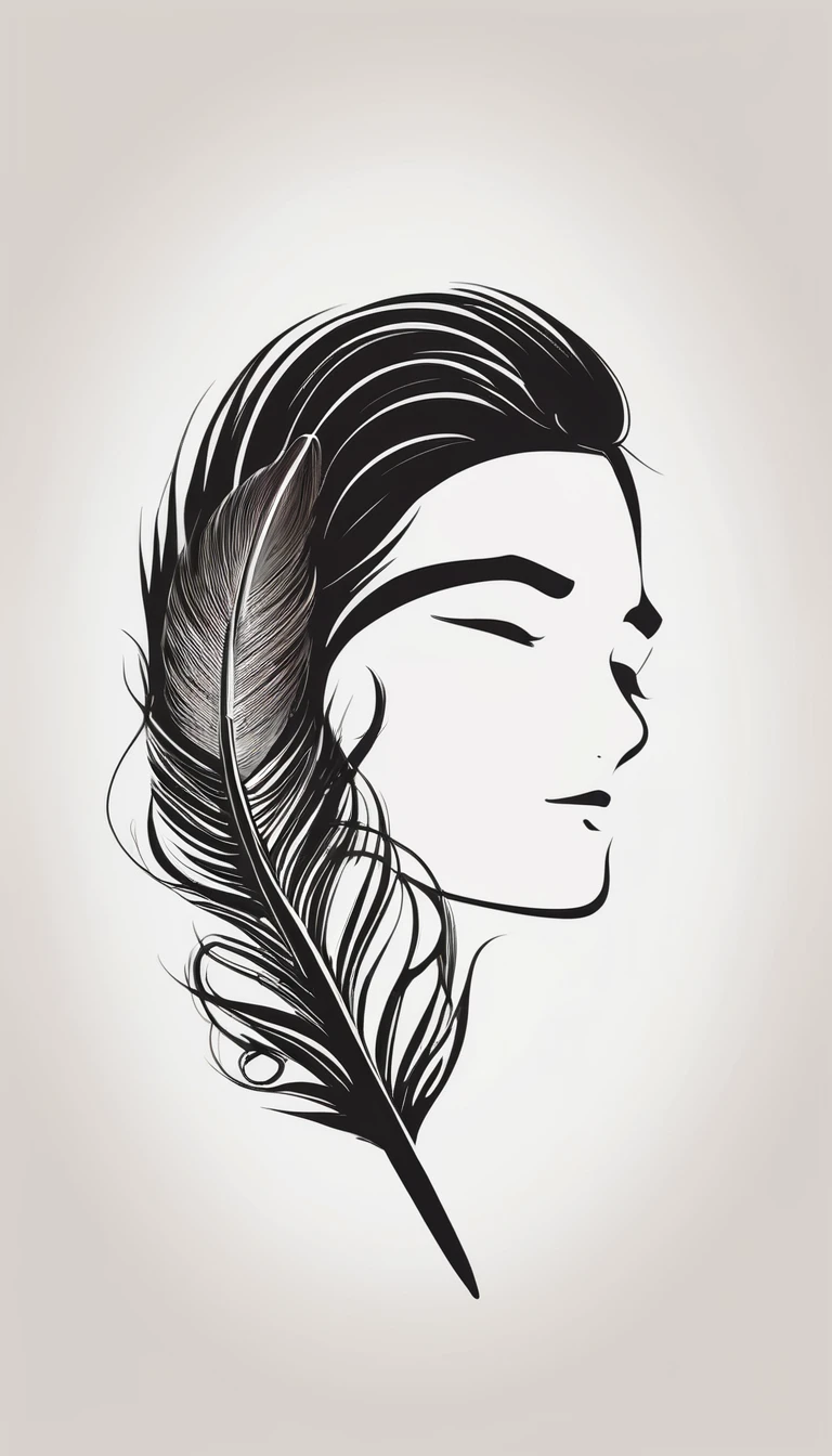 A minimalist, fantastic, poetic, dreamy, captivating, memorable, masterpiece, modern, simple logo design of a boy and a feather for the brand “Penamemoria". The logo must convey a sense of music, stories and dreams. Minimalistic logo design of a boy and a feather.