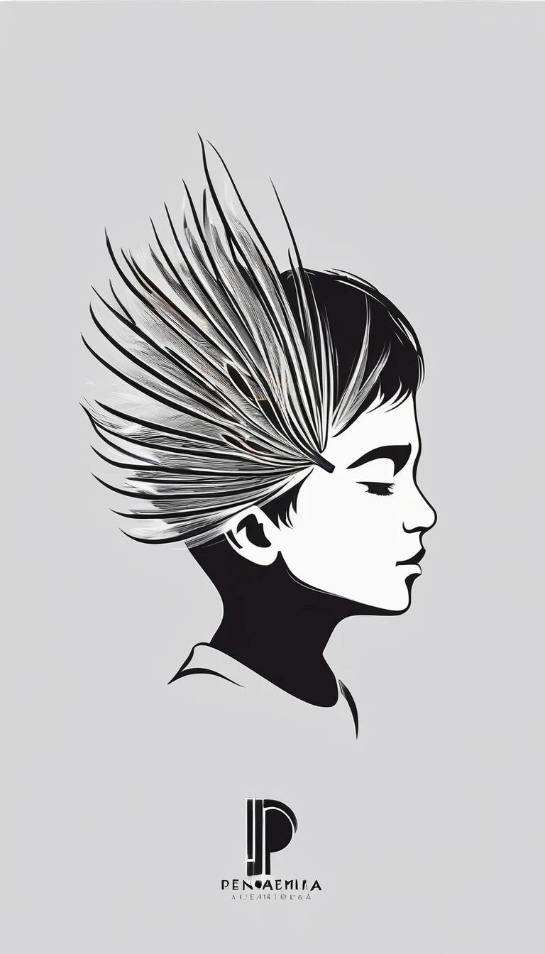 A minimalist, fantastic, poetic, dreamy, captivating, memorable, masterpiece, modern, simple logo design of a boy and a feather for the brand “Penamemoria". The logo must convey a sense of music, stories and dreams. Minimalistic logo design of a boy and a feather.