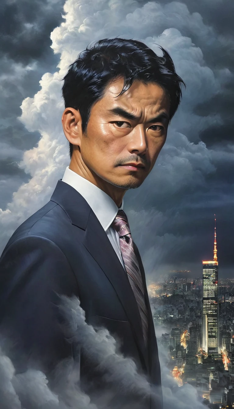 Arabian Asian man wearing suit and tie standing in front of city skyline, naoki ikushima, Face the storm, Outdoor business portrait, In the city of Tokyo, Corporate Wear, amazing, portrait of a man in suit, Corporate Boss, In the clouds of an ominous storm, Extreme drama, chief executive officer（CEO）, Michael Okuda