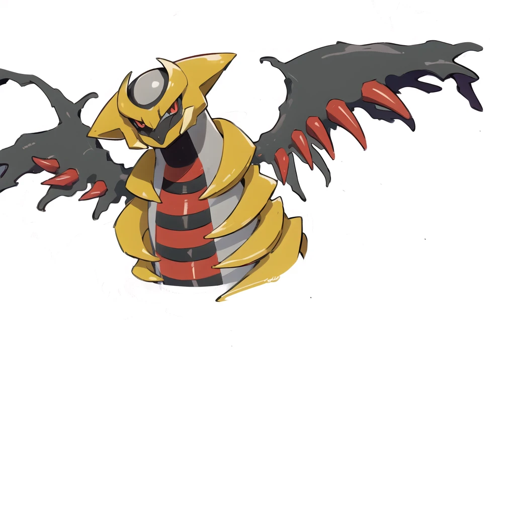 ((masterpiece,best quality)), absurdres, giratina, no humans, creature, creatures (company), dark, energy, english commentary, game freak, gen 4 pokemon, giratina, giratina (origin), highres, legendary pokemon, looking at viewer, nintendo, no humans, pokemon, pokemon (creature), pokemon move, red eyes, shadow force (pokemon), tapwing,Redraw it with a beautiful anime picture、Don't change the design