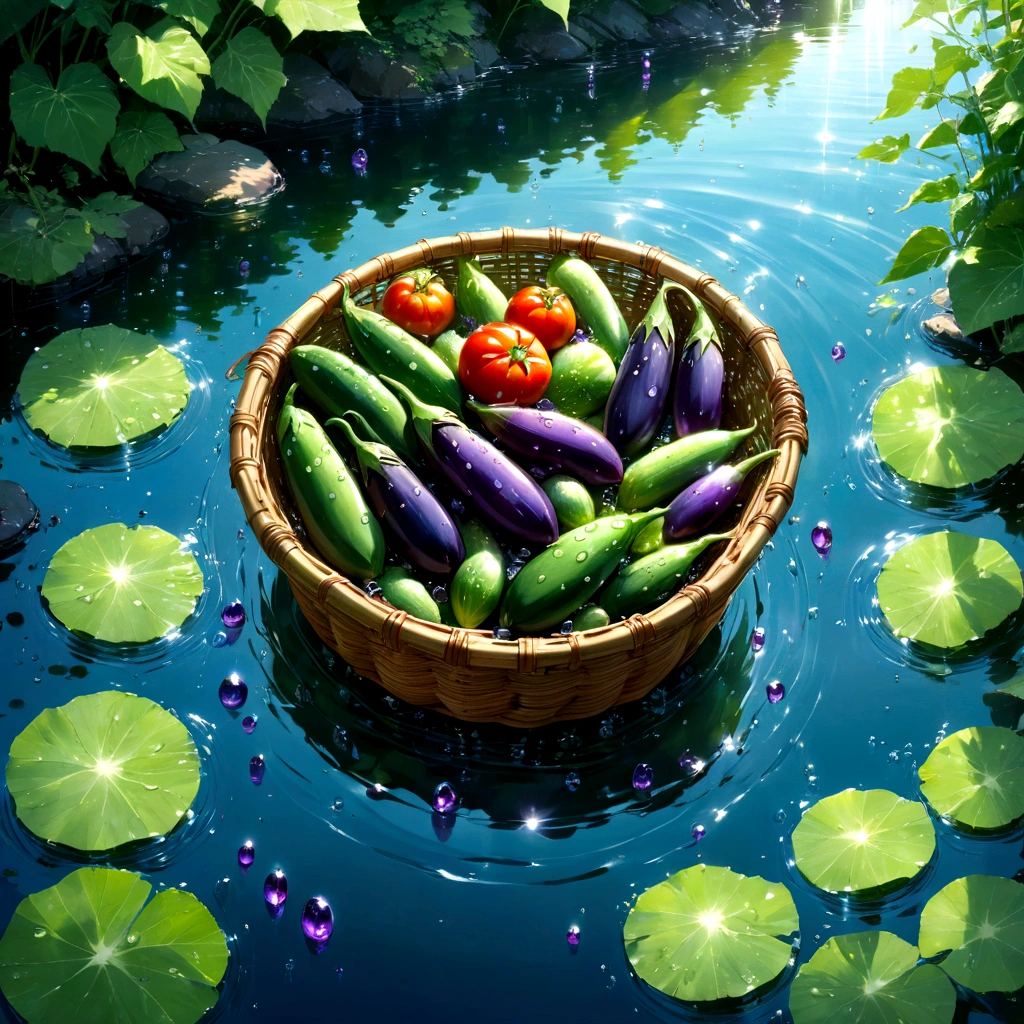 A weathered bamboo basket, laden with the bounty of a Japanese summer, floats gently on the crystal-clear surface of a mountain stream. Sunlight dances on the rippling water, casting a warm, inviting glow upon the scene. Three plump, perfectly ripe tomatoes, their skin taut and glistening, nestle amongst four crisp, emerald-green cucumbers, their delicate spines still intact. Resting on top, four long, slender Japanese eggplants, their deep purple skin gleaming like polished amethyst, complete the vibrant tableau. Droplets of water cling to the vegetables, each one a miniature prism refracting the sunlight. The air is alive with the sound of the gently flowing water and the sweet scent of summer's bounty. beautiful anime scenery, landscape painting, beautiful digital painting, andreas rocha, illustration of beautiful artwork, amazing wallpaper, raymond swanland, tall beautiful painting, studio ghibli makoto shinkai, beautiful wallpaper, anime scenery refreshing, nostalgic, summer, japan, nature, no humans simple, minimalist, floating basket, crystal clear water, delicious, appetizing, Japanese vegetables