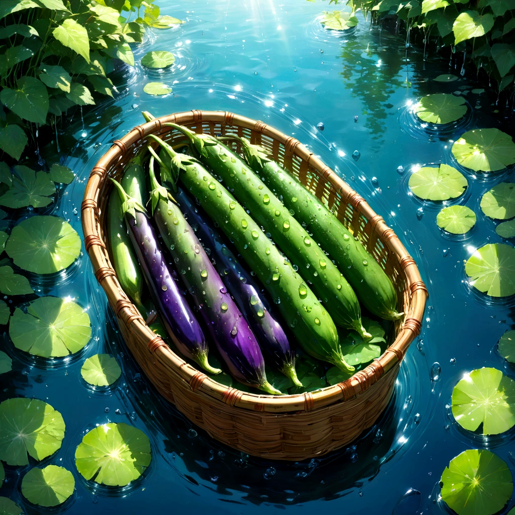A weathered bamboo basket, laden with the bounty of a Japanese summer, floats gently on the crystal-clear surface of a mountain stream. Sunlight dances on the rippling water, casting a warm, inviting glow upon the scene. Three plump, perfectly ripe tomatoes, their skin taut and glistening, nestle amongst four crisp, emerald-green cucumbers, their delicate spines still intact. Resting on top, four long, slender Japanese eggplants, their deep purple skin gleaming like polished amethyst, complete the vibrant tableau. Droplets of water cling to the vegetables, each one a miniature prism refracting the sunlight. The air is alive with the sound of the gently flowing water and the sweet scent of summer's bounty. beautiful anime scenery, landscape painting, beautiful digital painting, andreas rocha, illustration of beautiful artwork, amazing wallpaper, raymond swanland, tall beautiful painting, studio ghibli makoto shinkai, beautiful wallpaper, anime scenery refreshing, nostalgic, summer, japan, nature, no humans simple, minimalist, floating basket, crystal clear water, delicious, appetizing, Japanese vegetables