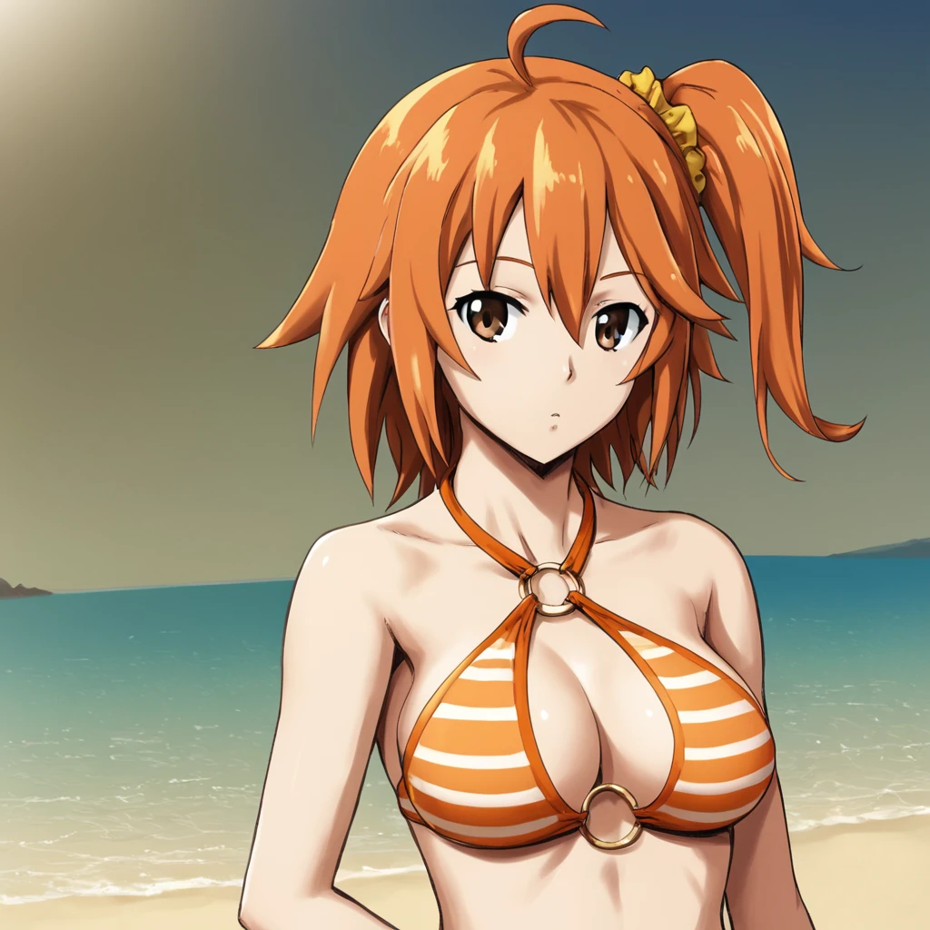 masterpiece, best quality, gudako, solo, (halterneck,striped bikini,orange bikini,o-ring), (o-ring bikini) ,beach,fsn_ubw_style,(masterpiece, best quality:1.2),illustration,8k,hd,1girl,solo,upper body,(portrait:1.2), hair ornament, hair between eyes, brown eyes, ahoge, orange hair, side ponytail, one side up, hair scrunchie,