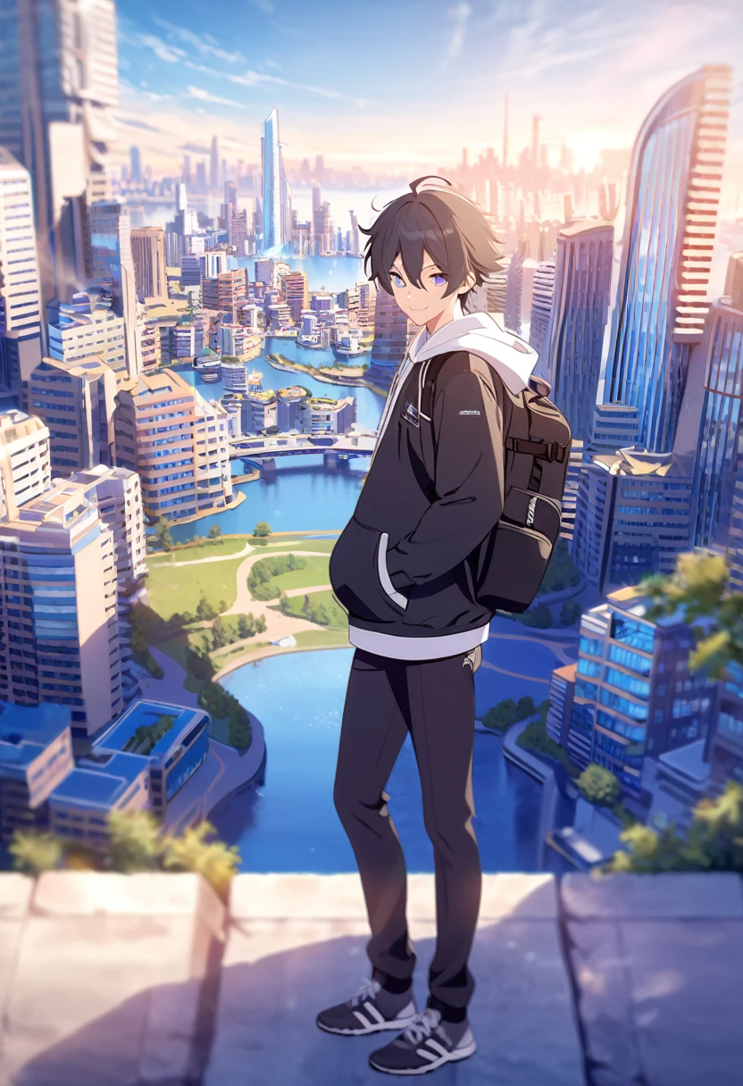 masterpiece,best quality,depth of field,8K,looking at the viewer,running shoes,black hair,blue eyes,afternoon,man,hands in pockets,smiling faintly,alone,Handsome,(chic eyes 1:1),wseifuku,Black jacket over white hoodie,hooded,Future city,man 1명,wearing a sports bag,Blurry BACKGROUND