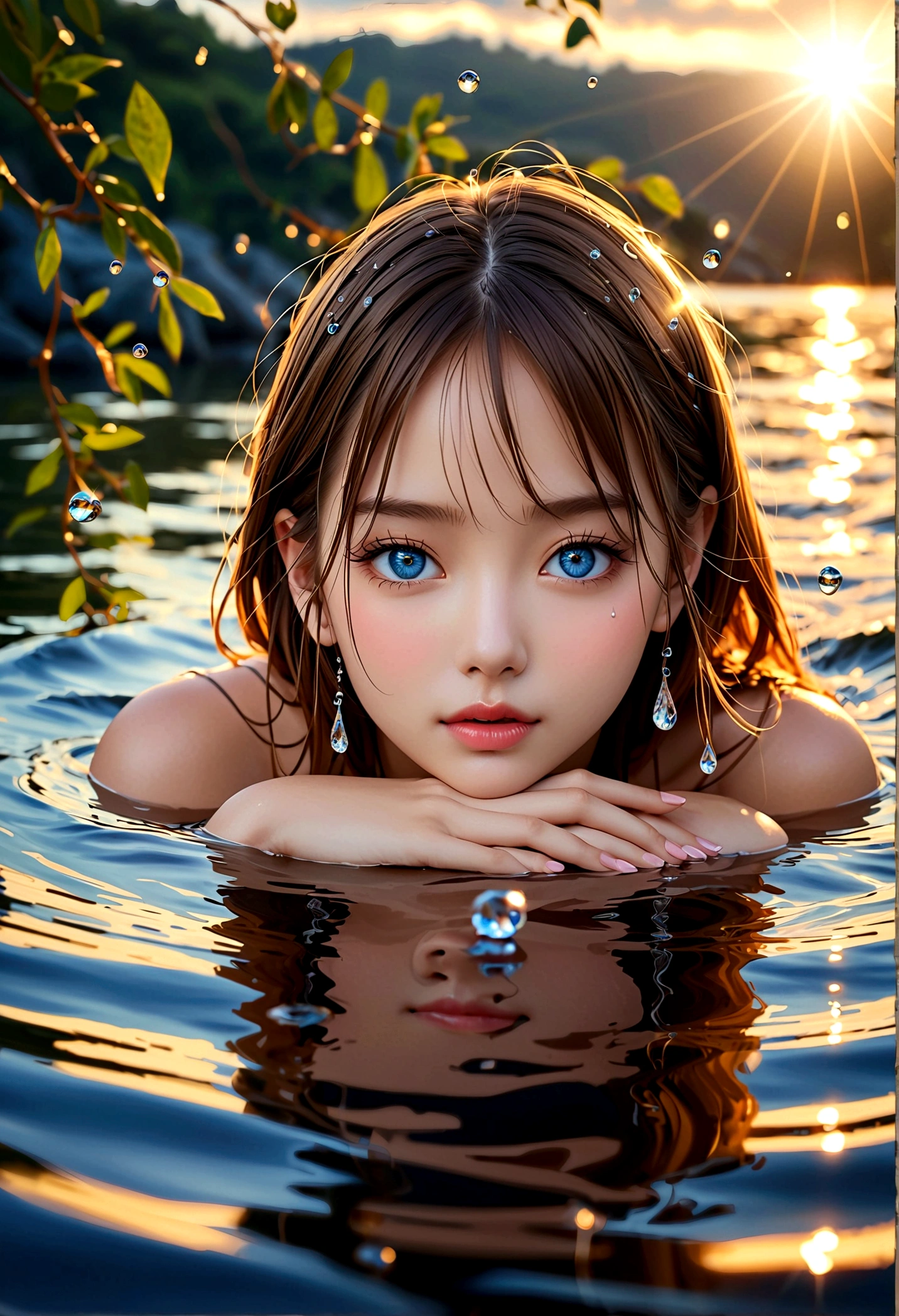 Cornflower's Artwork, Dreamy, (A petite figure、Girl with beautiful delicate eyes. The depth of field in the photo is perfect, Lens flare adds a touch of beauty. The fine details on her face really stand out, This photo is definitely rated greater than 10. In the background, There is a beautiful ocean,The water is crystal clear,There are water drops on the water. This is an amazing photo,The beauty of the girl and the water is truly captured.)