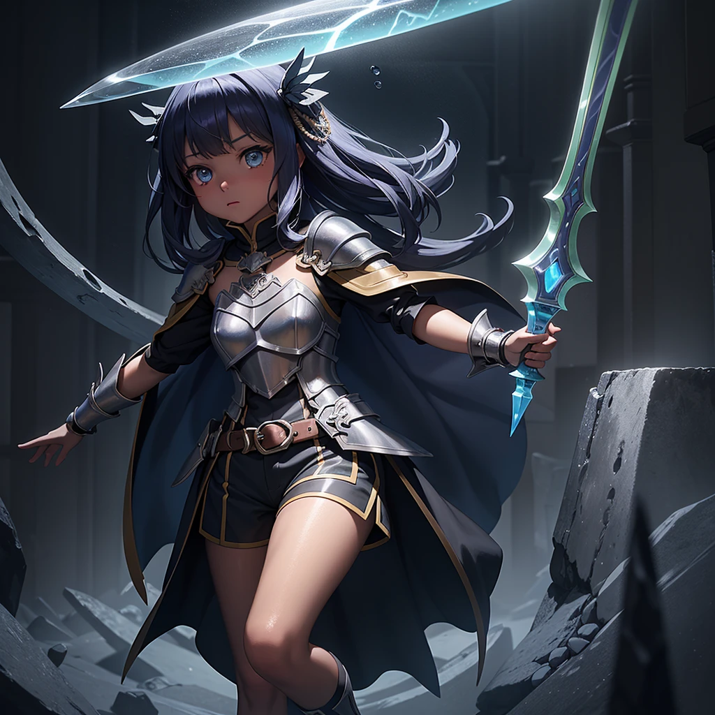 最high quality、high quality、Simple Cloth Armor、10Year-old girl adventurer、Pitch-dark underground labyrinth、No light、Being engulfed in a translucent, jelly-like substance、Shorts、Equipped with a dagger and a shield