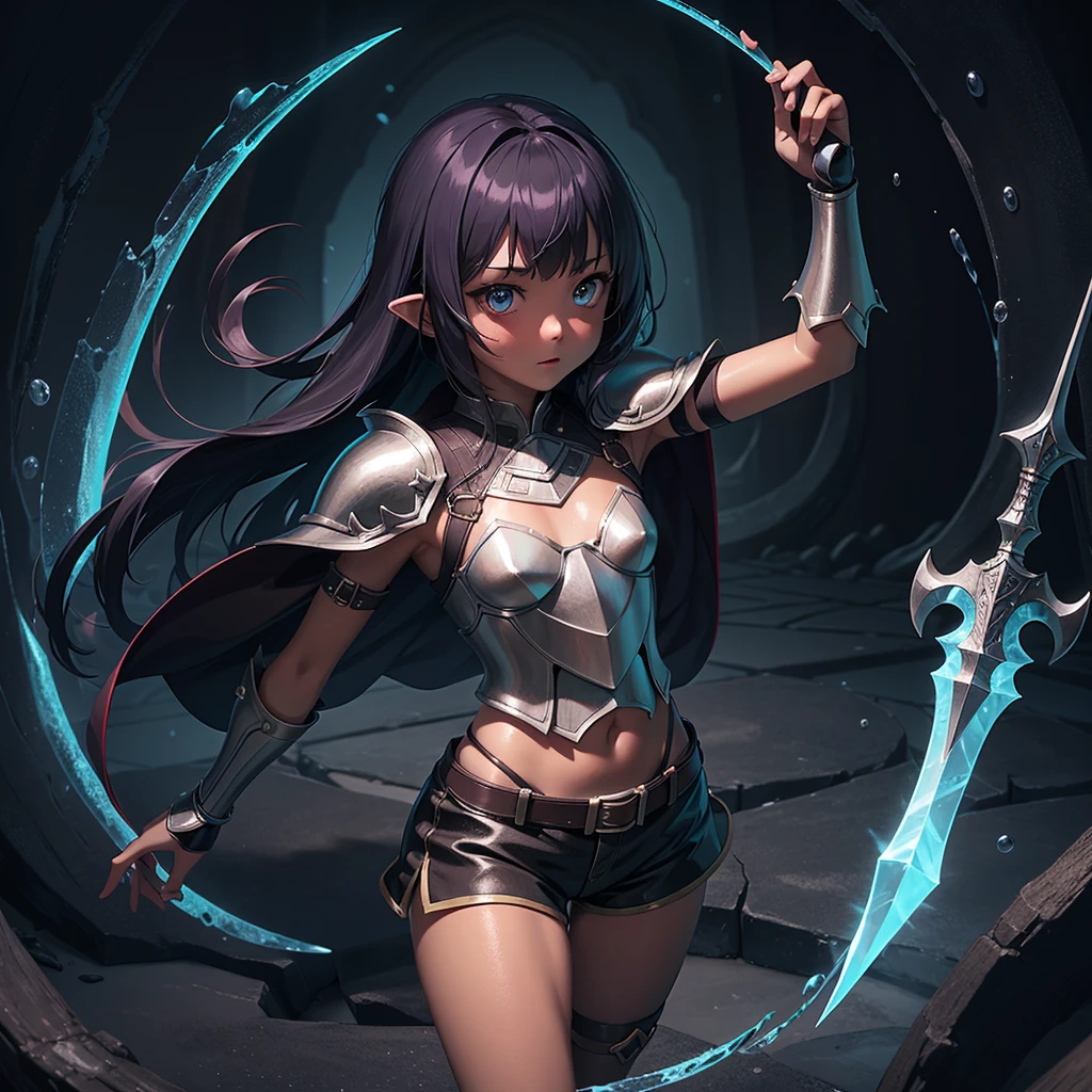 最high quality、high quality、Simple Cloth Armor、10Year-old girl adventurer、Pitch-dark underground labyrinth、No light、Being engulfed in a translucent, jelly-like substance、Shorts、Equipped with a dagger and a shield