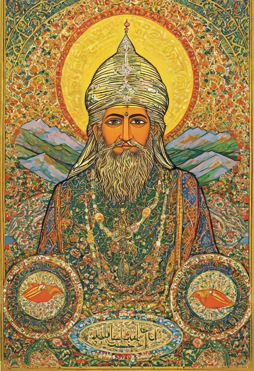 painting of a man with a beard and a white beard, by Mati Klarwein, kemetic, inspired by Mati Klarwein, inspired by Ras Akyem, afrocentric mysticism, ayahuasca shaman, dmt god, the ayahuasca spirit, psychedelic organic shaman, visionary art, raggae art, mati klarwein and moebius