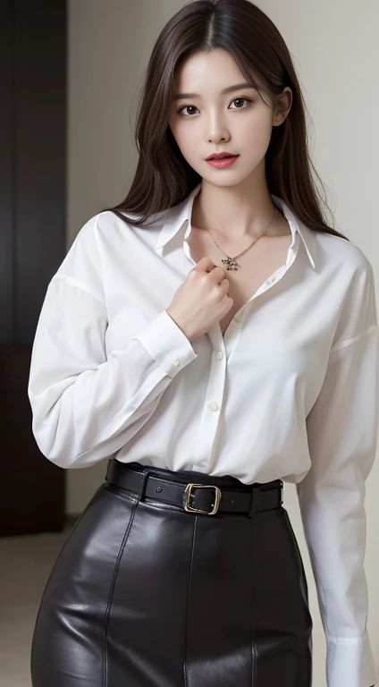 (Highest quality, High resolution, masterpiece :1.3), Tall and beautiful woman, Slim Abs, Dark brown hair styled in loose waves, chest, Wearing a pendant, White button-up shirt, belt, Black Skirt, (Modern architecture in the background), Exquisite expression of facial and skin texture details, Fine grain, double eyelid