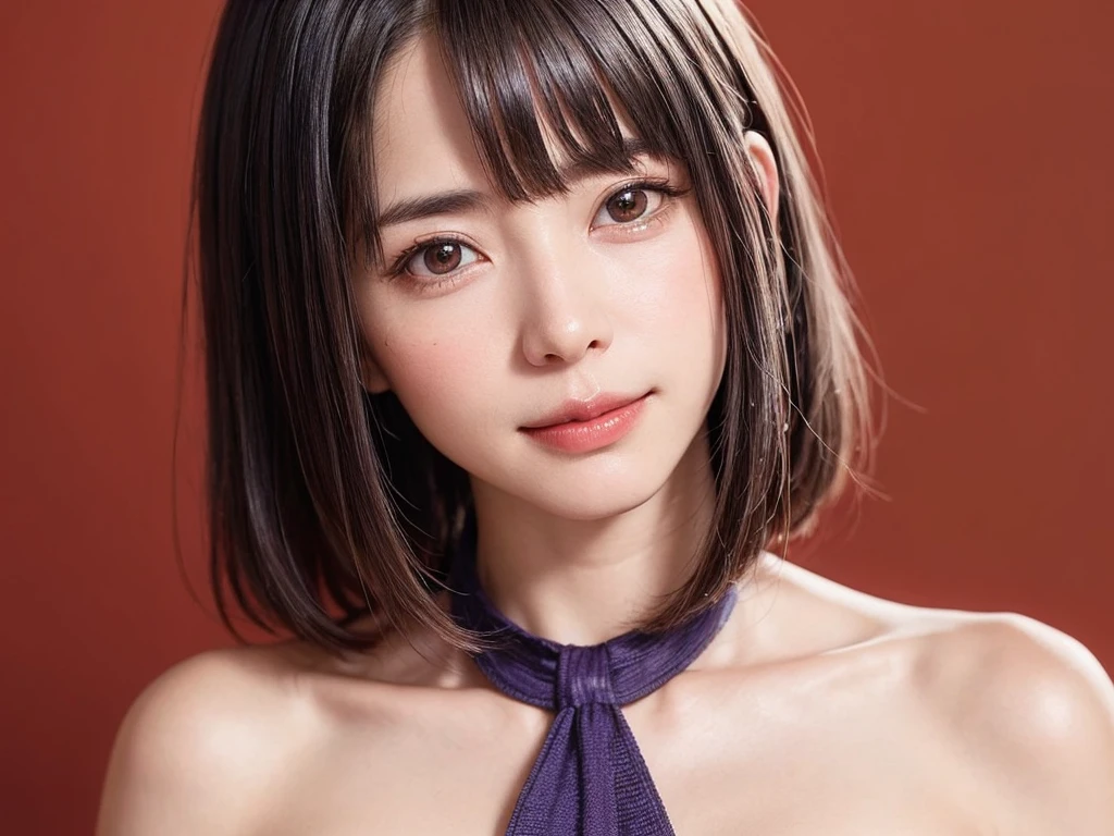 (SFW:1.8、masterpiece, masterpiece、Highest quality),1 Girl, alone, hyper Realistic, Realistic,Realistic, Looking at the audience, Light brown eyes:1.4,短めのBrunette Short Bob Hair:1.6、Highly detailed shiny hair:1.5, Very delicate and beautiful、Brightly colored off-the-shoulder dress.:1.4, See-through costume、Lepangas:1.4), Mouth closed, Upper Body、big chest eye、eyelash、{Hugeな|big chest|Hugeなな|Mega} whole :2, chestの谷間:2、(((Add highlights to the eyes:1.4、big chest eye、Short Bob Hair、Glowing Skin:1.4、Looking at the audience、She is very 美しい and cute、Show me your ears、Beautiful long neck、smile、Close your mouth and smile、bangsと美しい歯)))、Ideal body type、((Very beautiful red background:2、Simple blank landscape in vibrant baby colors:2、Very simple purple background:2))、Beautiful long neck:1.4、(({Huge|big|Hugeな|Mega} chest, chestの谷間:2))、(((Portraiture:2、Face close-up:2、Face close-up:2)))、Perfect Anatomy、((bangs:2))