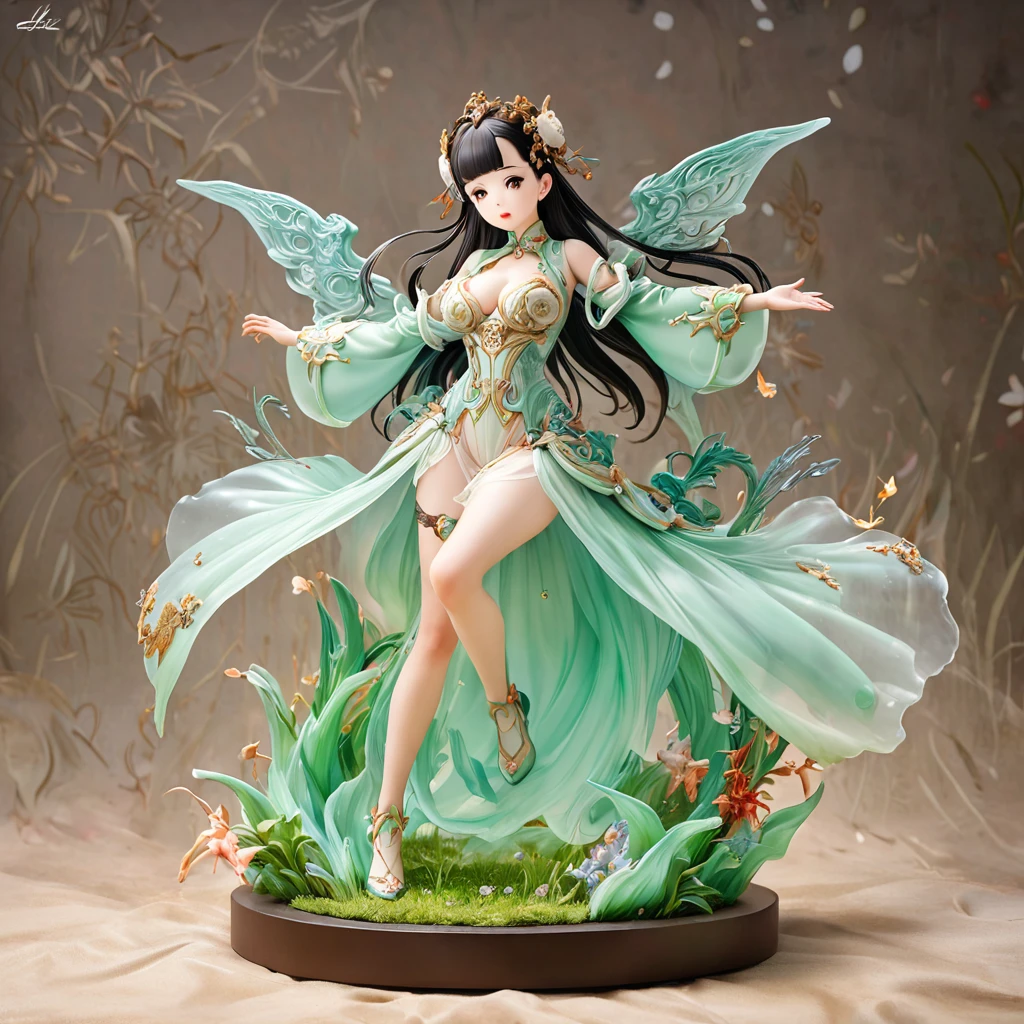 best quality, very good, 16K, ridiculous, Very detailed, charming(((shibainu 1.3)))wing,Made of translucent jadeite, Background grassland((A masterpiece full of fantasy elements))), ((best quality)), ((Intricate details))(8K)
