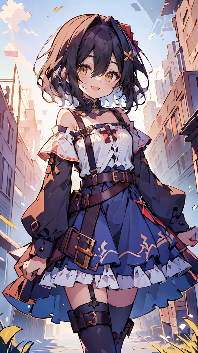 dress,1girl with((bare belt, eyebrows visible through hair, hair between eyes, long sleeves, suspenders, looking at viewer, off shoulder, shirt, single thighhigh, solo, thighhighs, white legwear, white shirt,off-shoulder dress,frilled skirt,belt buckle,sleeveless,buckle,choker,frills,medium hair,frilled dress,frilled shirt))