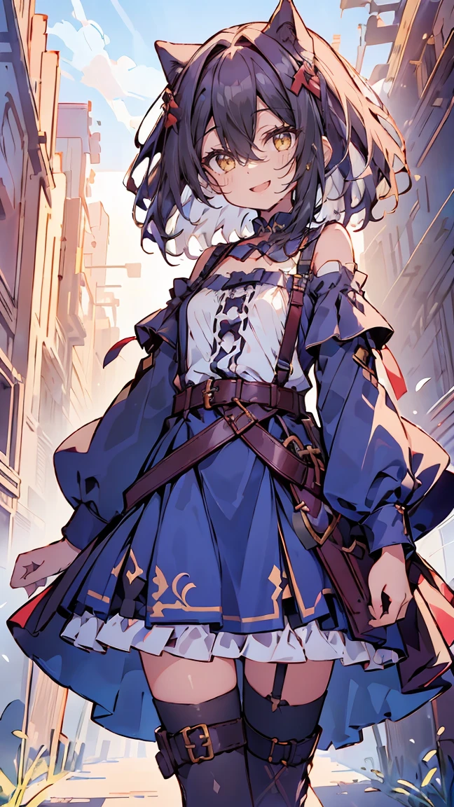 dress,1girl with((bare belt, eyebrows visible through hair, hair between eyes, long sleeves, suspenders, looking at viewer, off shoulder, shirt, single thighhigh, solo, thighhighs, white legwear, white shirt,off-shoulder dress,frilled skirt,belt buckle,sleeveless,buckle,choker,frills,medium hair,frilled dress,frilled shirt))