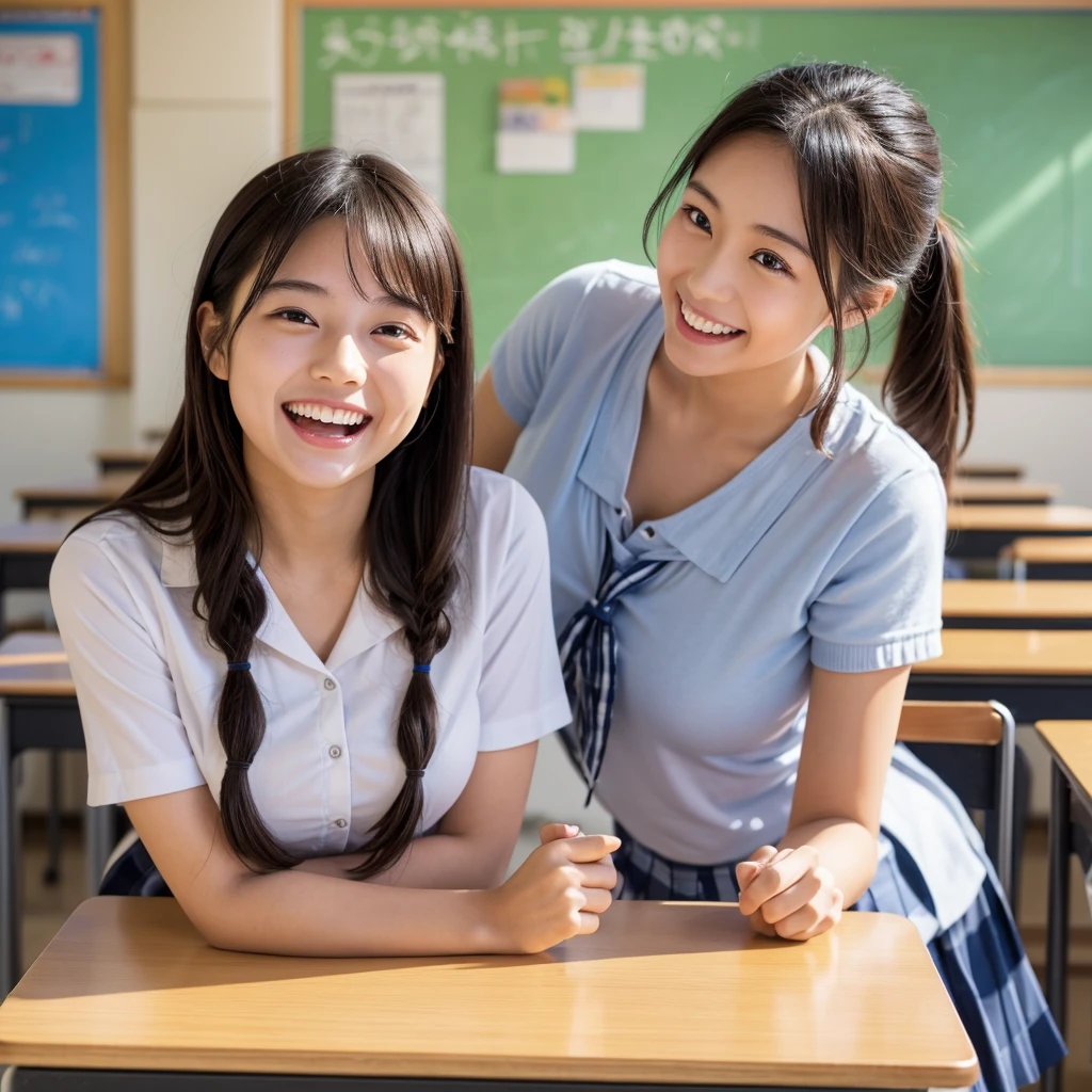 Laughing Japanese high school girl、classroom、、masterpiece, Highest quality, Photorealistic、Laughing with your mouth open、Smiling at the camera