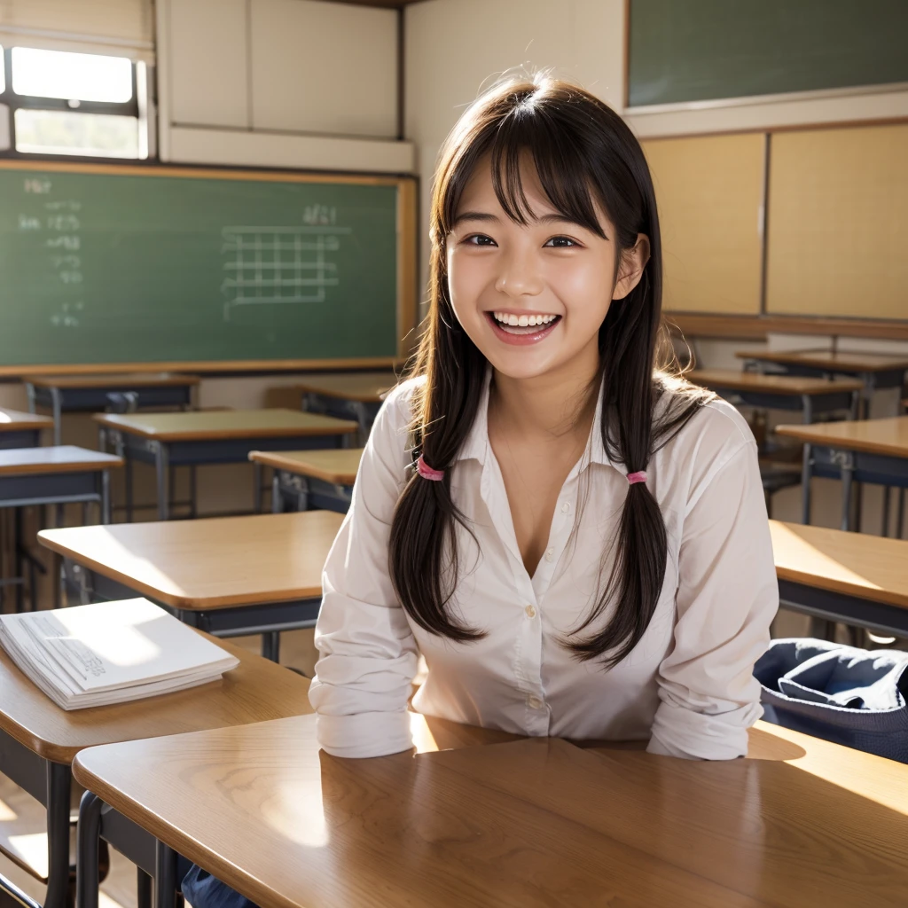 Laughing Japanese high school girl、classroom、、masterpiece, Highest quality, Photorealistic、Laughing with your mouth open、Smiling at the camera