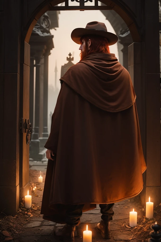 Man wearing a brown cape and brown hat in front of a dark cemetery gate and with candles and a  with red hair at his side 