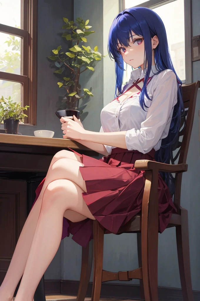 A woman,A woman in a wine red gauze skirt,The dignified blue-haired beauty is sitting cross-legged
