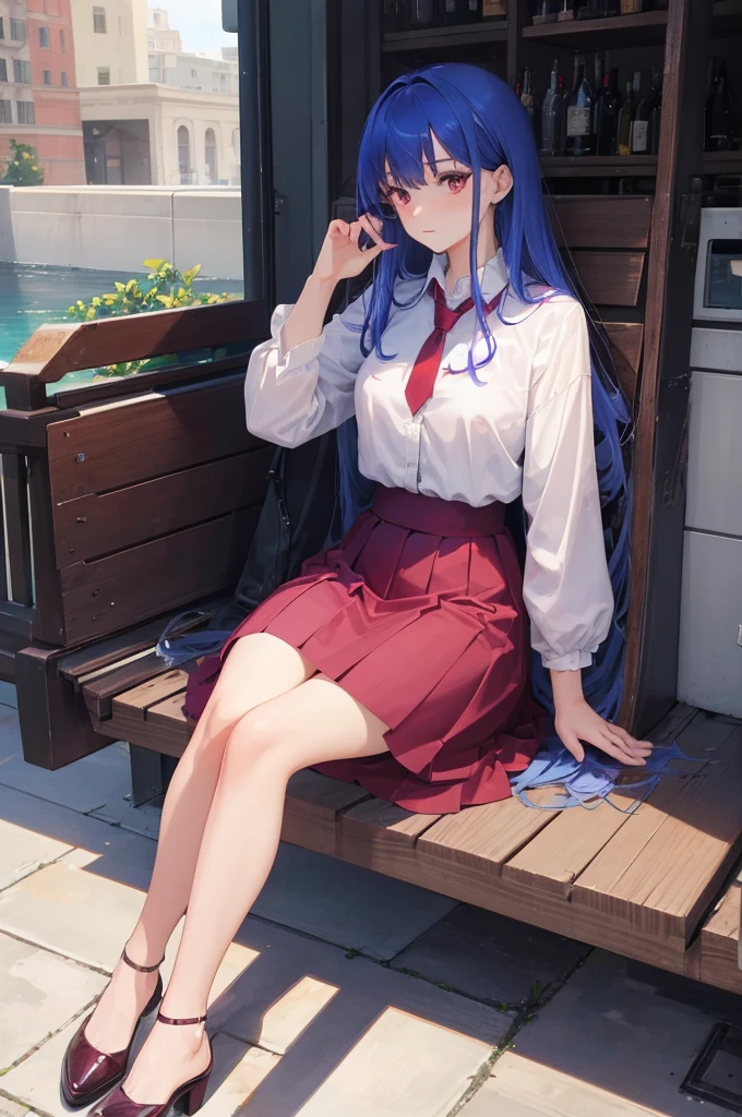 A woman,A woman in a wine red gauze skirt,The dignified blue-haired beauty is sitting cross-legged