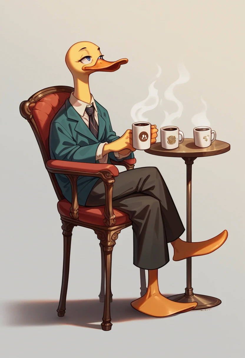 SD Main, Flat Illustration,
masterpiece, Highest quality,,No humans, Golden Duck, cup, Chair, coffee mug, Sitting, alone, I am trading FX, Forex Charts