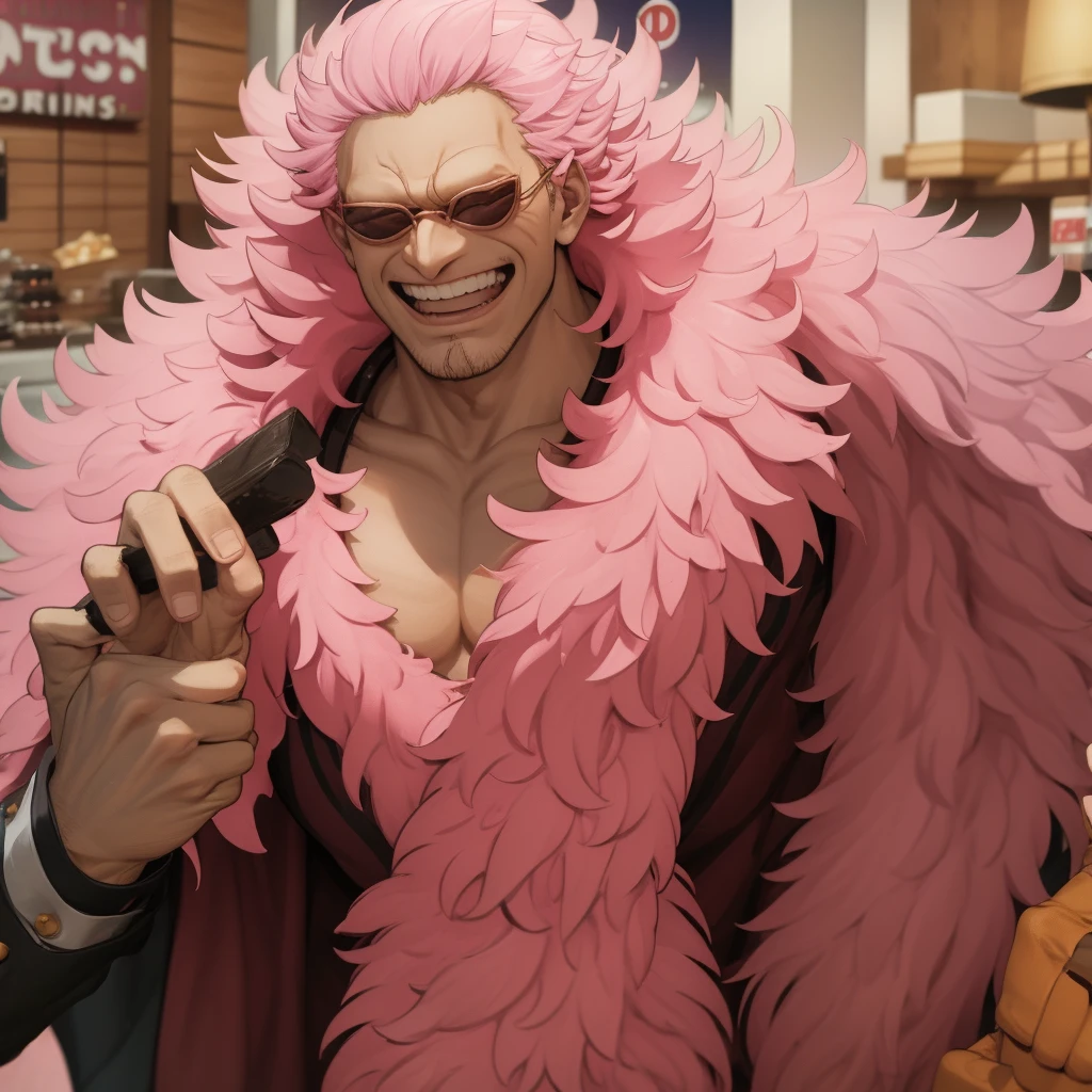 Doflamingo having a splurge at Mister Donuts