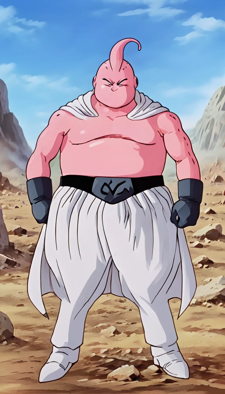 solo, majin buu, musclar,(angry:2),fighting,in wasteland,destroyed rock,(soft shading), 4k, hi res, ((detailed face, (detailed eyes:1.0), detailed)), (full body), looking at viewer, 1boy, upper body, male focus,white_pants,(topless:1.5),( shirtless:2),torn clothes,bare pectorals, fighting stance,