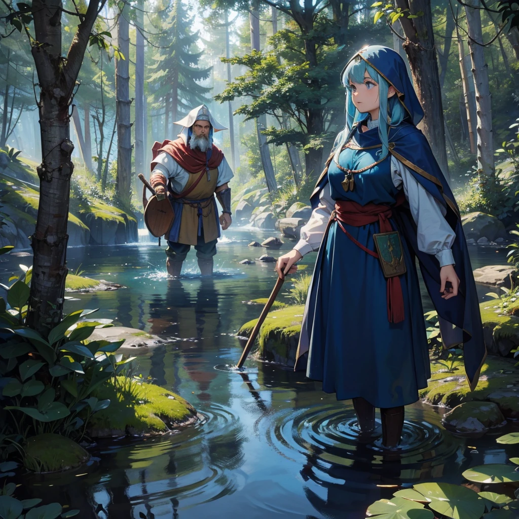water dwarf in the forest with medieval outfit